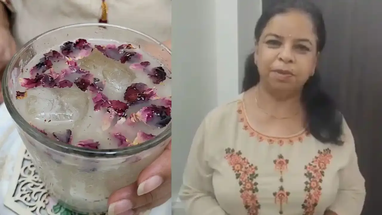 वाळलेल्या गुलाबाच्या पाकळ्यांनी सजवलेला थंडगार शिकंजबीन ड्रिंकचा ताजेतवाने ग्लास, एका महिलेने घरी ठेवलेला आहे.