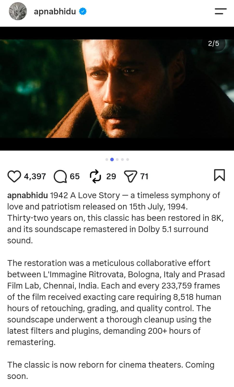 1942: एक प्रेमकथा 8K मध्ये परतली; अनिल कपूर, मनीषा कोईराला यांनी 32 वर्षे पूर्ण केली