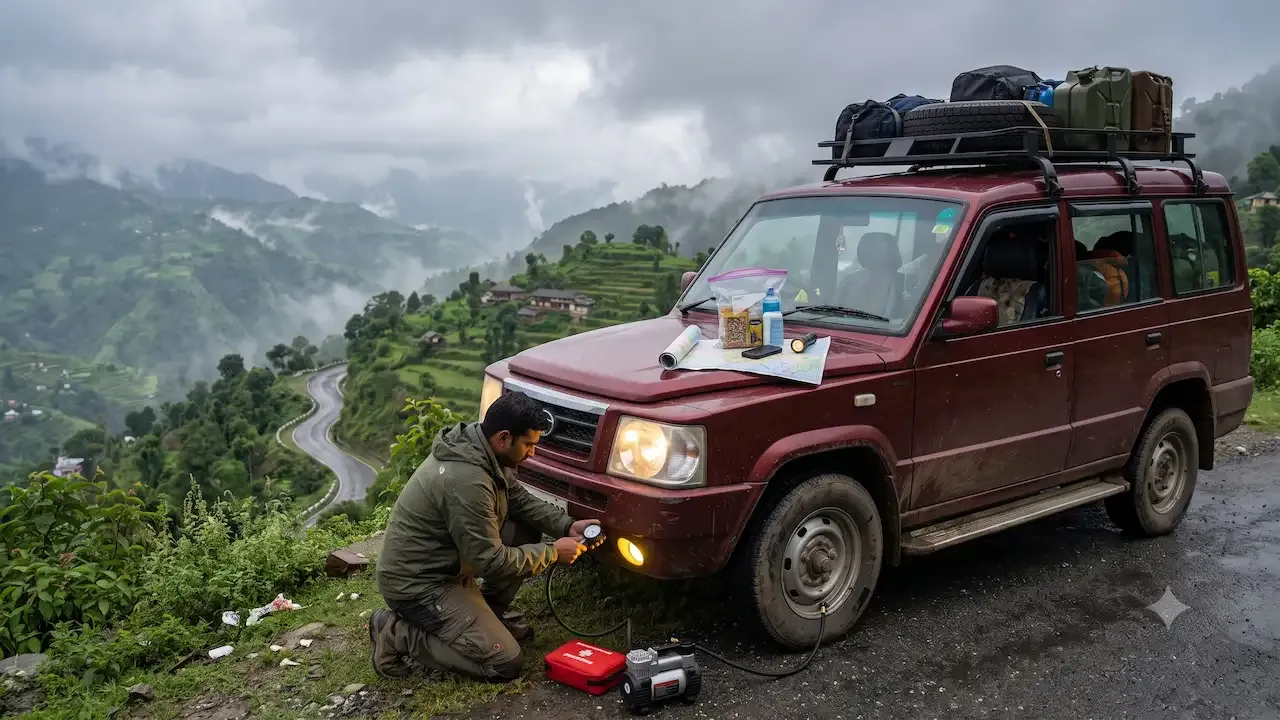 पावसाळ्यात धुक्याच्या, वळणाच्या डोंगर रस्त्यावर उभ्या असलेल्या लाल SUV वर एक ड्रायव्हर टायरचा दाब तपासत आहे.