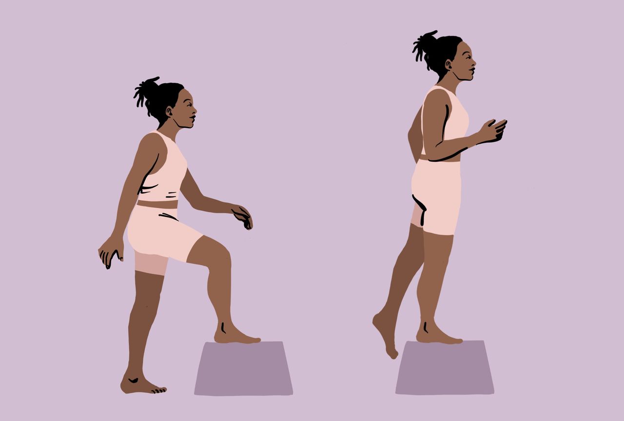 Illustration of a person demonstrating a stepup exercise raising one leg onto a block and stepping forward