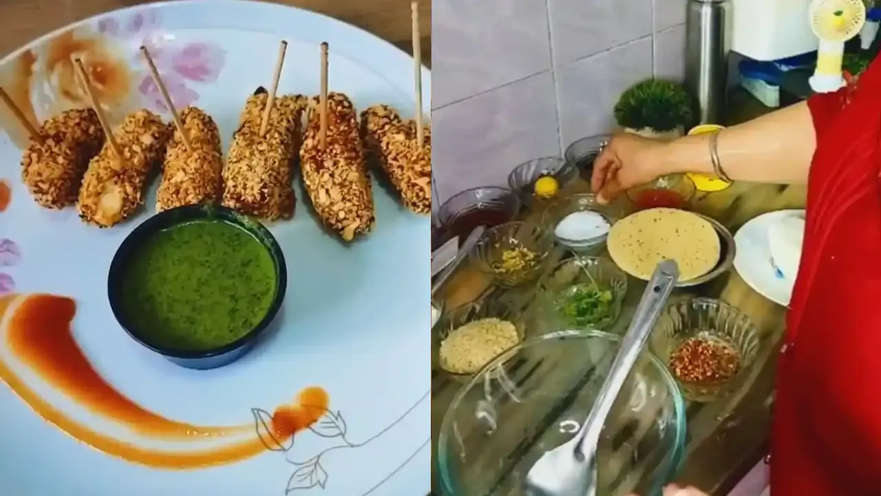 कुरकुरीत सोनेरी तळलेले पनीर पापड एका प्लेटवर हिरव्या चटणी आणि स्वयंपाकघरातील पाककृती घटकांसह चिकटवले जातात.