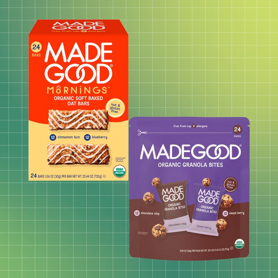 दोन MadeGood ब्रँड उत्पादनांनी ग्रॅनोला बार आणि ऑरगॅनिक ग्रॅनोला बाइट्स प्रदर्शित केले क्रेडिट: ब्रँडच्या सौजन्याने. इटिंगवेल डिझाइन.