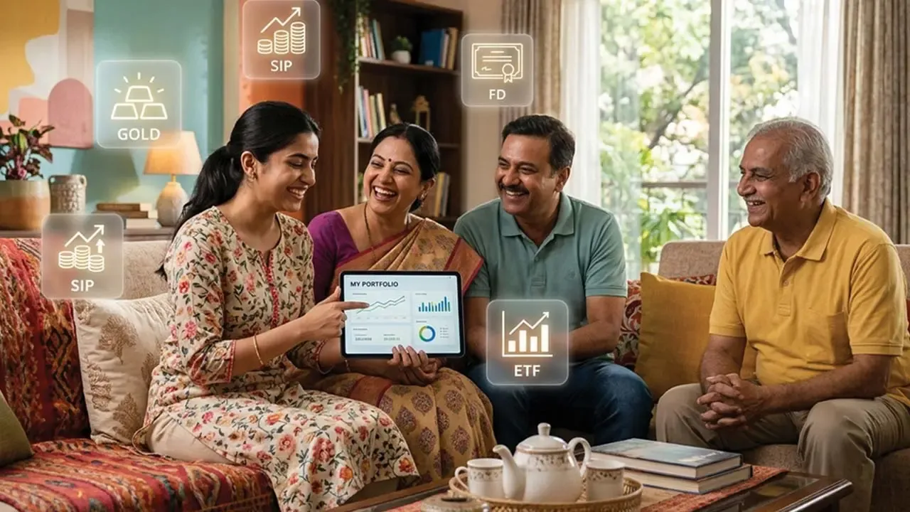 टॅब्लेटवर आर्थिक पोर्टफोलिओ नियोजनावर चर्चा करण्यासाठी त्यांच्या आरामदायी लिव्हिंग रूममध्ये एकत्र जमलेले आनंदी भारतीय कुटुंब.
