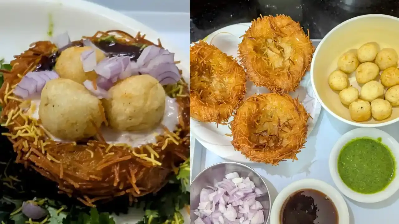 कुरकुरीत बटाट्याचे घरटे चाट दही, पुदिन्याची चटणी, चिंचेची चटणी आणि चिरलेला कांदे सोबत दिली जाते.