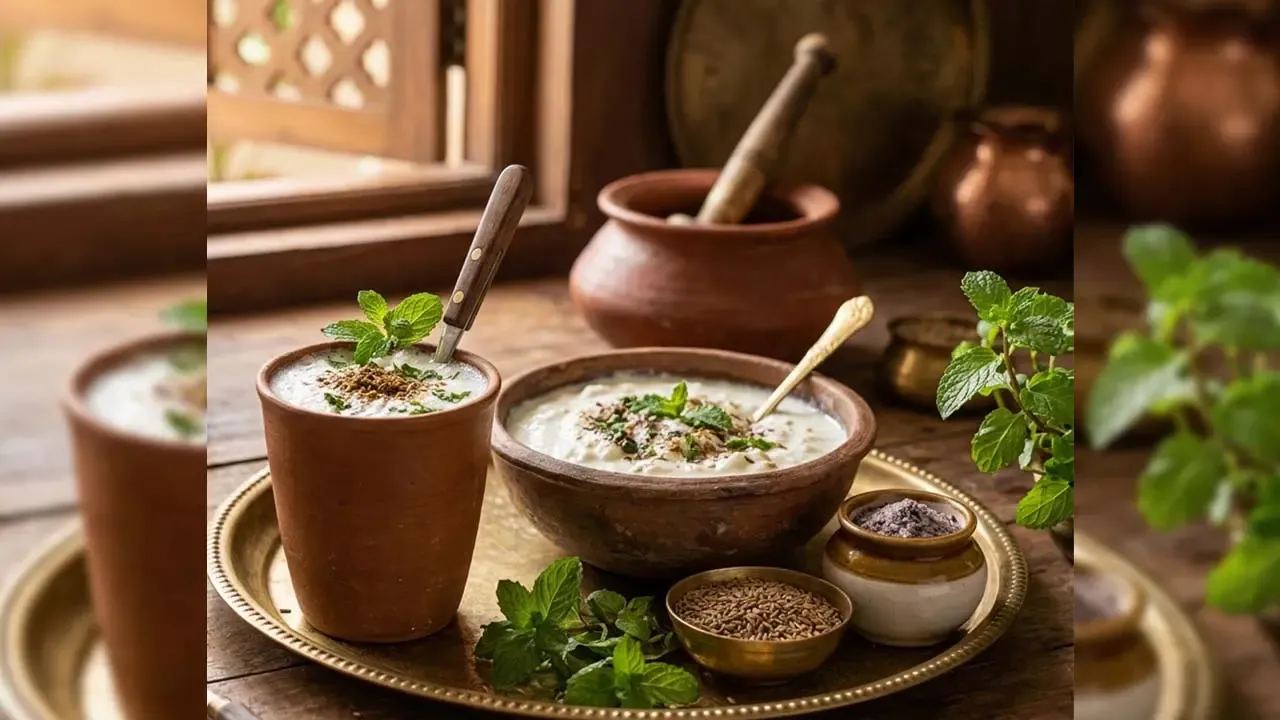 पारंपारिक भारतीय ताजेतवाने ताक लस्सी अडाणी लाकडी टेबल सेटअपवर मातीच्या काचेच्या आणि वाडग्यात जीरे पुदिन्याच्या पानांसह सर्व्ह केली जाते.