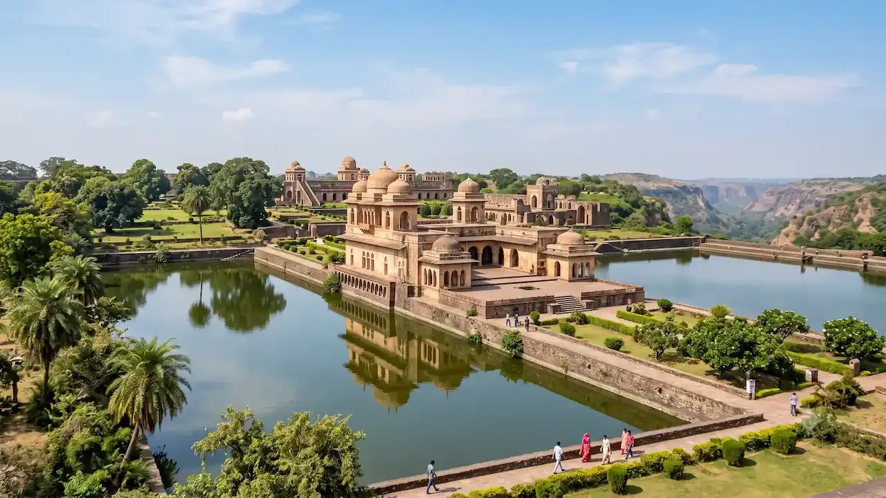 निळ्या आकाशाखाली हिरवेगार बागा आणि निसर्गरम्य टेकड्यांमध्ये सभोवतालच्या पाण्याच्या टाक्यांमध्ये प्रतिबिंबित करणारा प्राचीन जहाज महल राजवाडा.