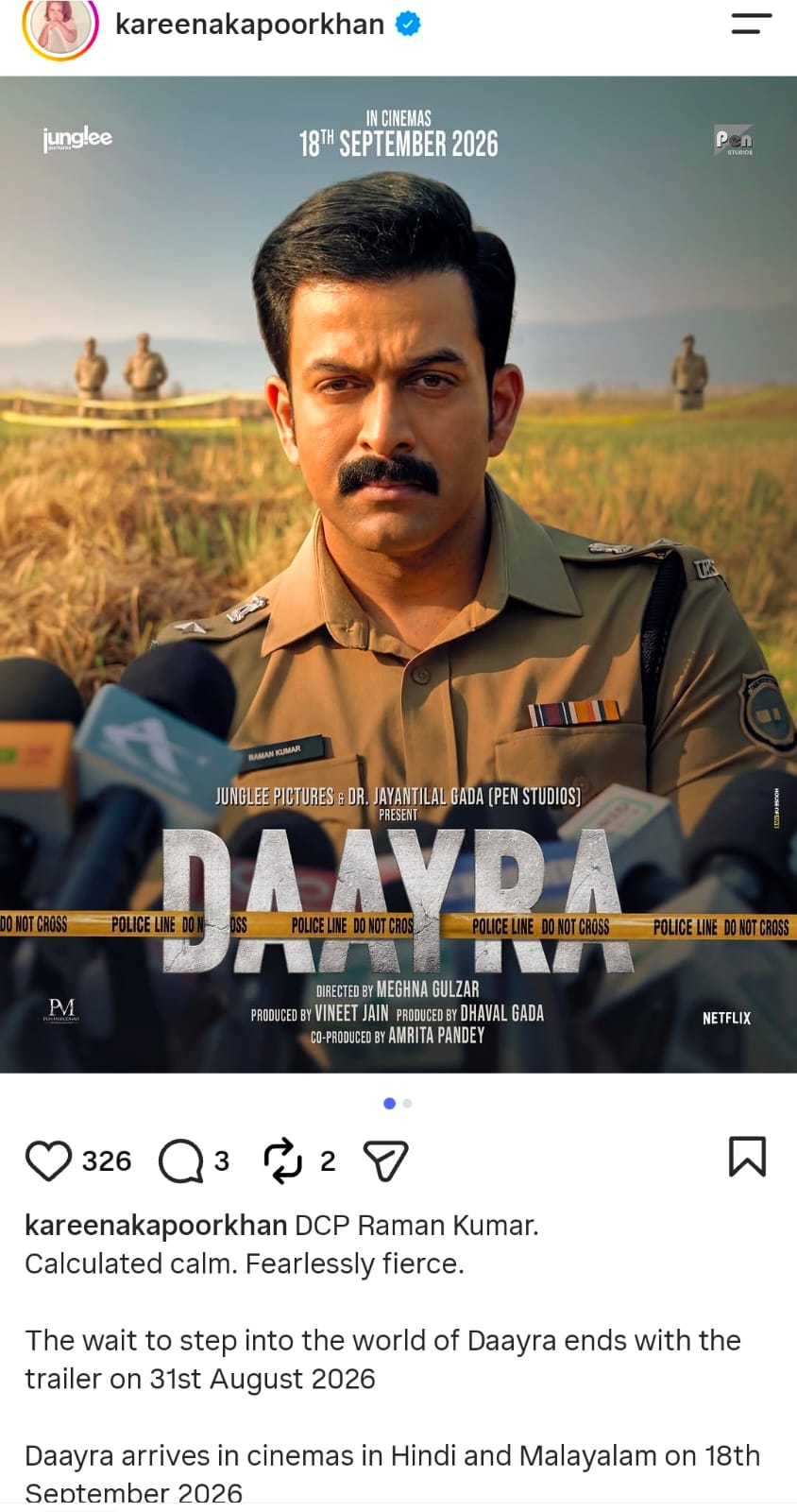 करीना कपूर, पृथ्वीराज सुकुमारंस डायरा या पात्राच्या पोस्टर्सचे अनावरण