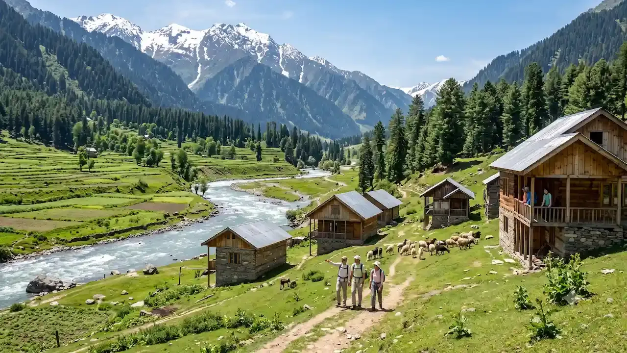 बर्फाच्या पर्वतांनी वेढलेल्या हिरव्यागार तुलाईल खोऱ्यात निसर्गरम्य नदीकाठी लाकडी बंगल्यांजवळून फिरताना आनंदी ट्रेकर्स.