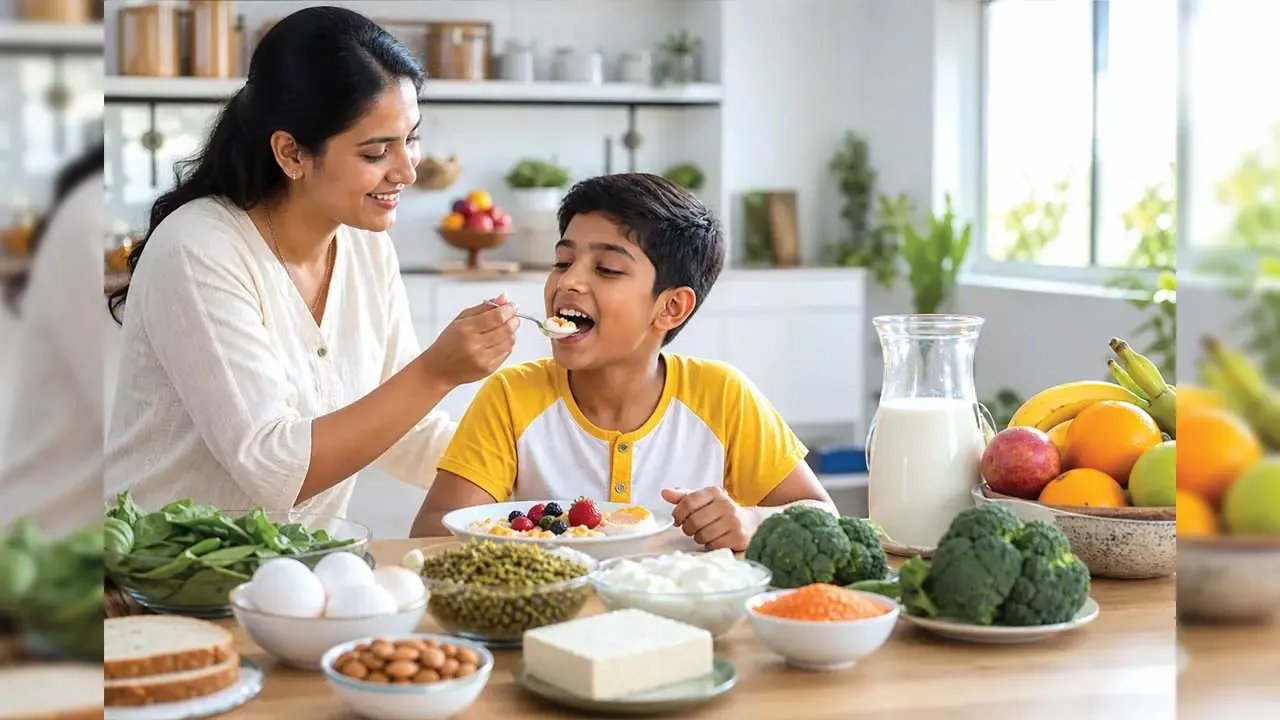 काळजी घेणारी भारतीय आई तिच्या लहान मुलाला स्वयंपाकघरातील उज्ज्वल जेवणाच्या टेबलावर आनंदाने निरोगी पौष्टिक नाश्ता खाऊ घालते.