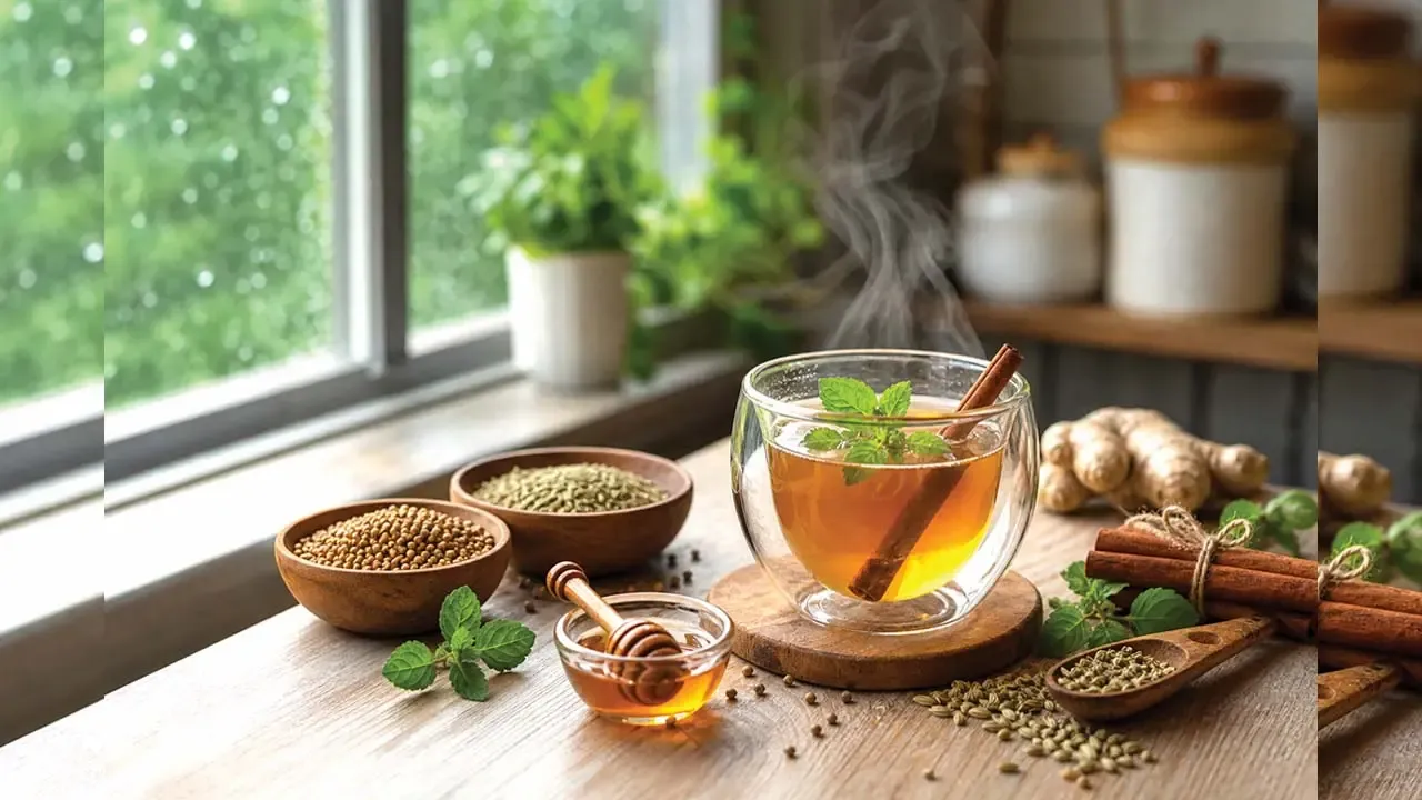 पावसाळी खिडकीजवळ मध, पुदिना, आले आणि बिया घालून काचेच्या कपमध्ये गरम गरम दालचिनी हर्बल चहा वाफवून घ्या.