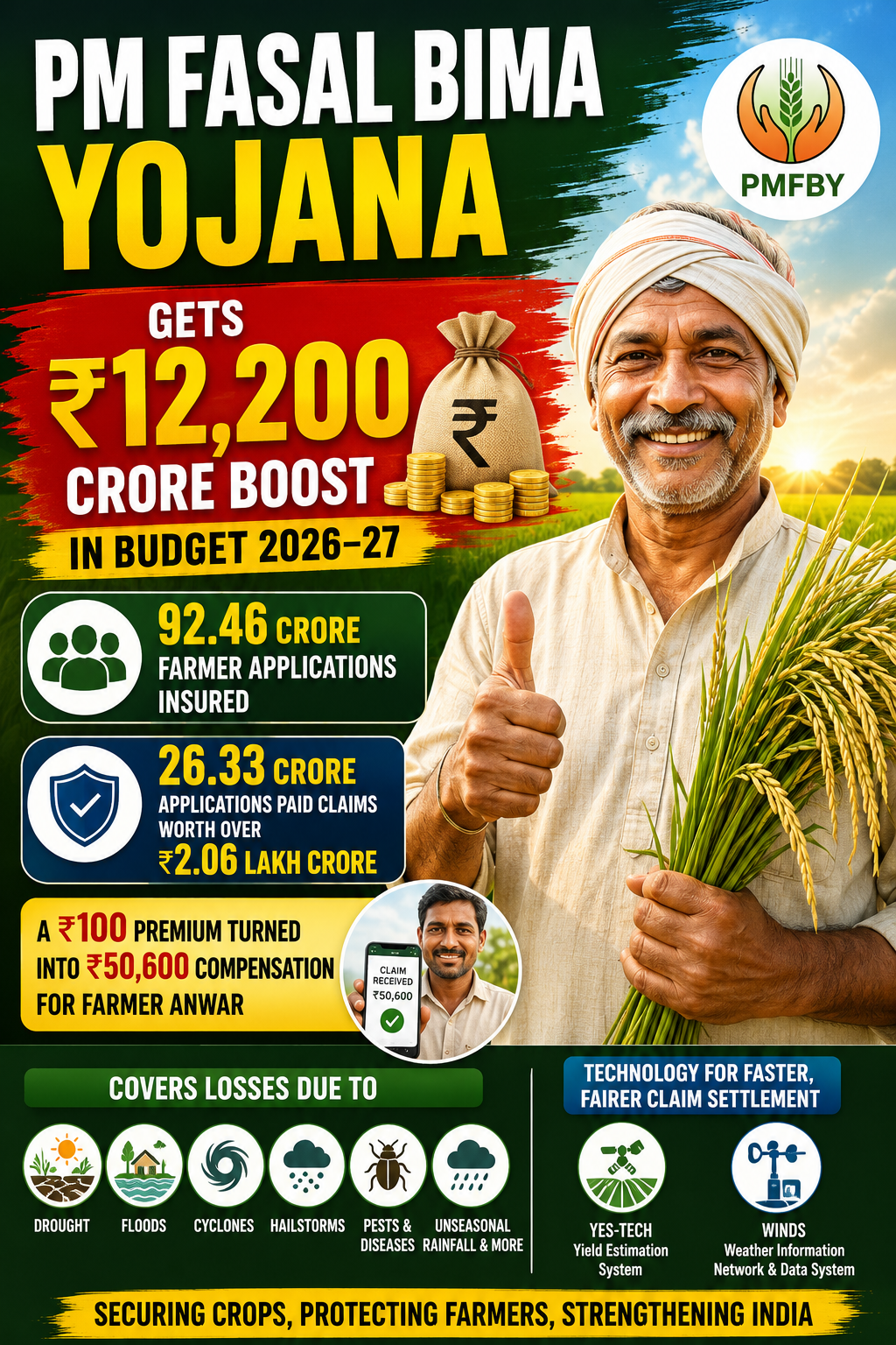 PMFBY ने ₹12,200 कोटी पुशसह दुसऱ्या दशकात प्रवेश केला, पीक विम्याला प्रमुख शेती-जोखीम साधनात रूपांतरित केले