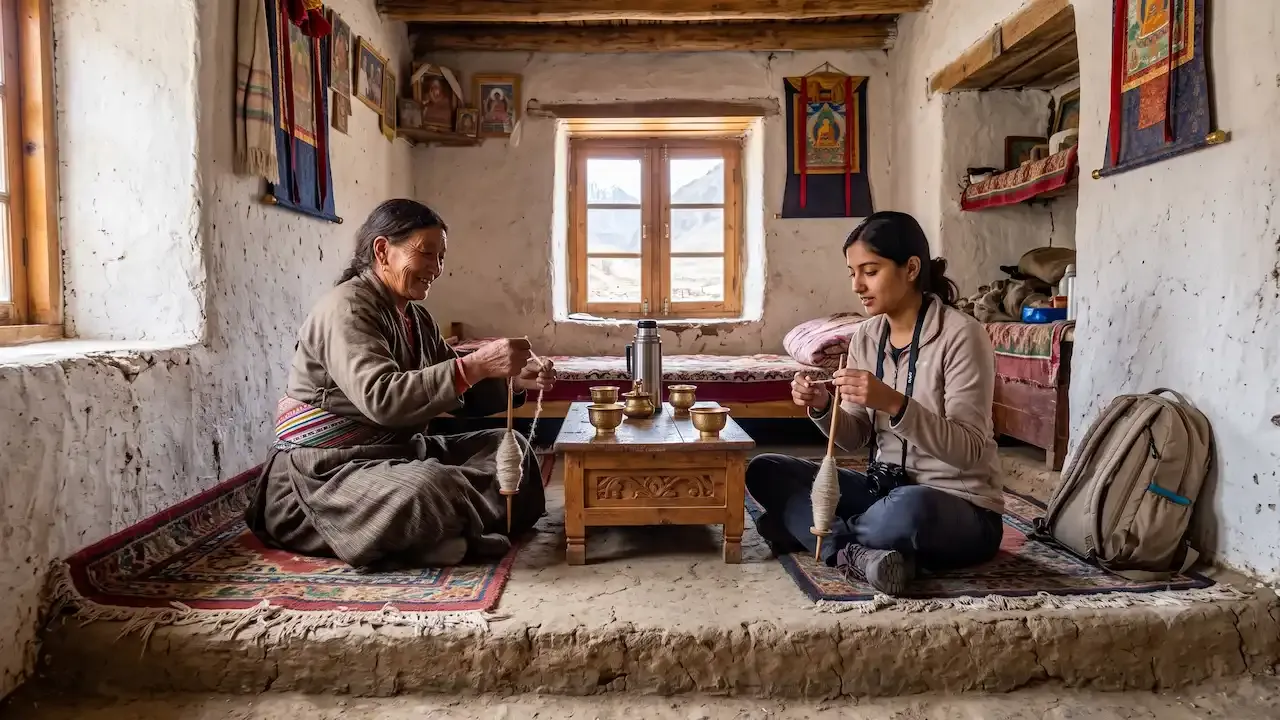 एक वृद्ध स्थानिक महिला आणि एक तरुण महिला प्रवासी आरामदायक, पारंपारिक हिमालयीन होमस्टे रूममध्ये लोकर फिरवत आहेत.