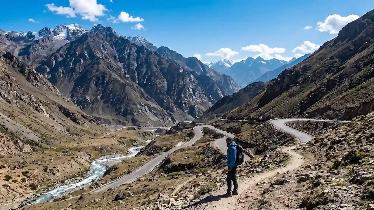 वळणदार व्हॅली हायवे आणि हिमालयातील वाहणारी नदी पाहताना डोंगराच्या पायवाटेवर बॅकपॅकसह पुरुष ट्रेकर उभा आहे.