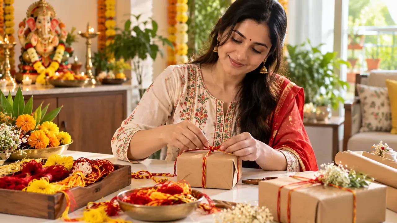 गणपती पूजेतील पुन्हा वापरता येण्याजोगा कलवा आणि माऊली भेट सजावटीसाठी वापरल्या जात आहेत.
