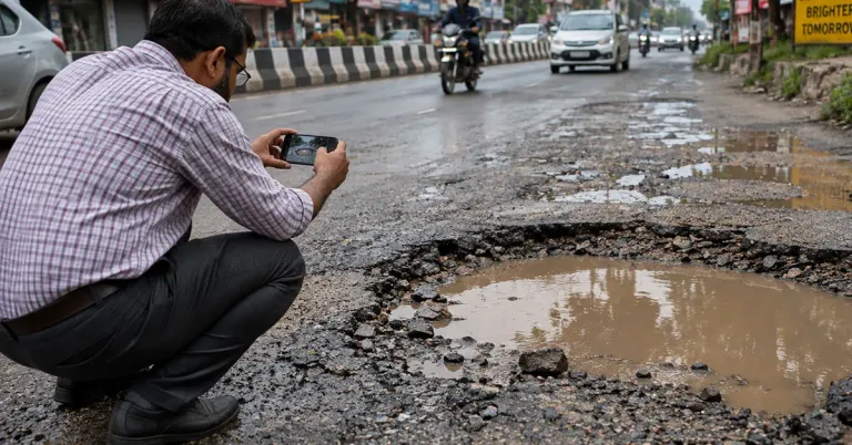 रस्त्यावरील खड्ड्याचे चित्र क्लिक करणारा माणूस