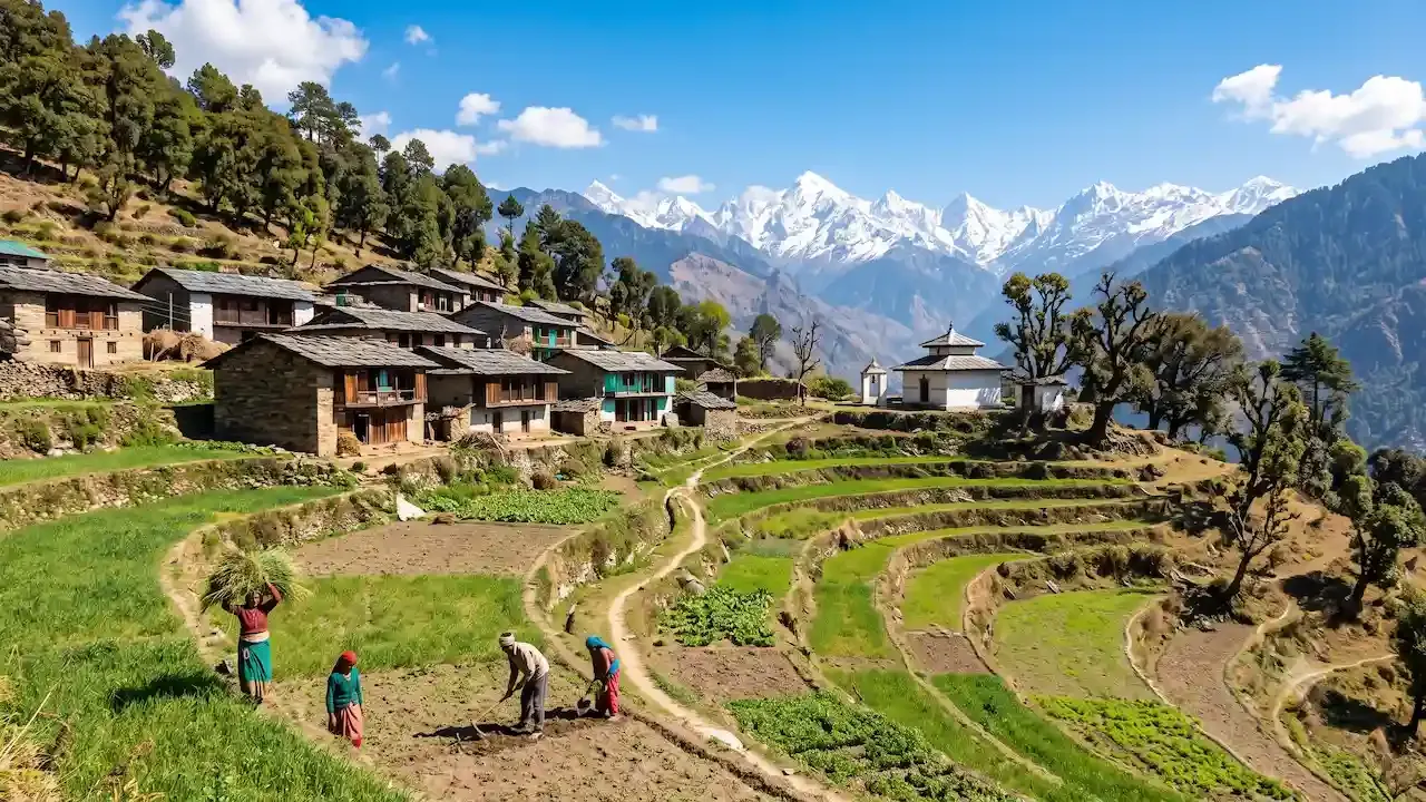 पारंपारिक पर्वतीय घरे आणि हिमालयाच्या शिखरांवर भव्य बर्फाच्छादित हिरव्यागार टेरेस्ड शेतात गावकरी शेती करतात.