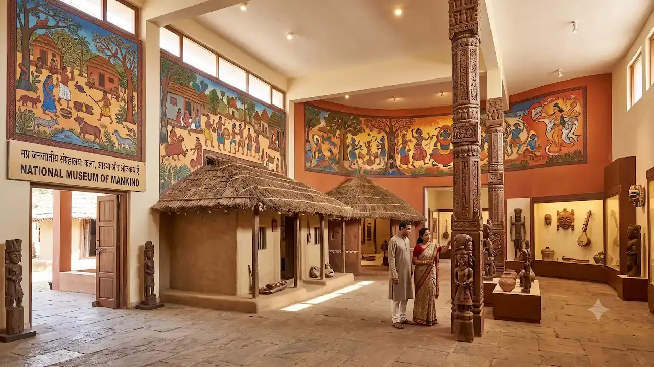 पारंपारिक खाचांच्या आदिवासी झोपड्या आणि दोलायमान भित्तीचित्रे दाखवणारे भारतीय जोडपे संग्रहालयाच्या आत क्लिष्टपणे कोरलेल्या लाकडी खांबांचे कौतुक करत आहेत.