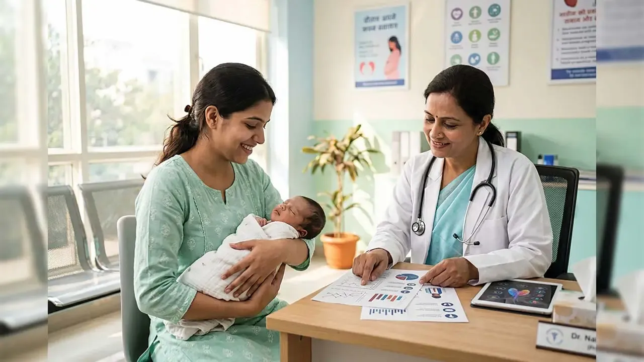 काळजी घेणारी महिला डॉक्टर क्लिनिकच्या खोलीत झोपलेल्या नवजात बाळाला धरून आनंदी भारतीय आईसह वैद्यकीय अहवालांचे पुनरावलोकन करत आहे.