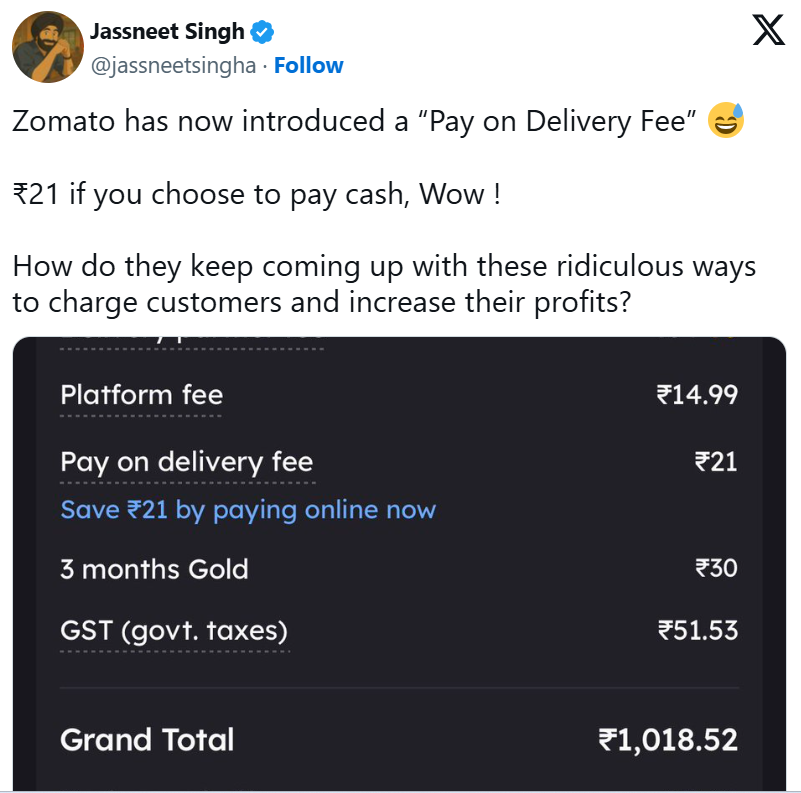 Zomato चे 'पे ऑन डिलिव्हरी' फी