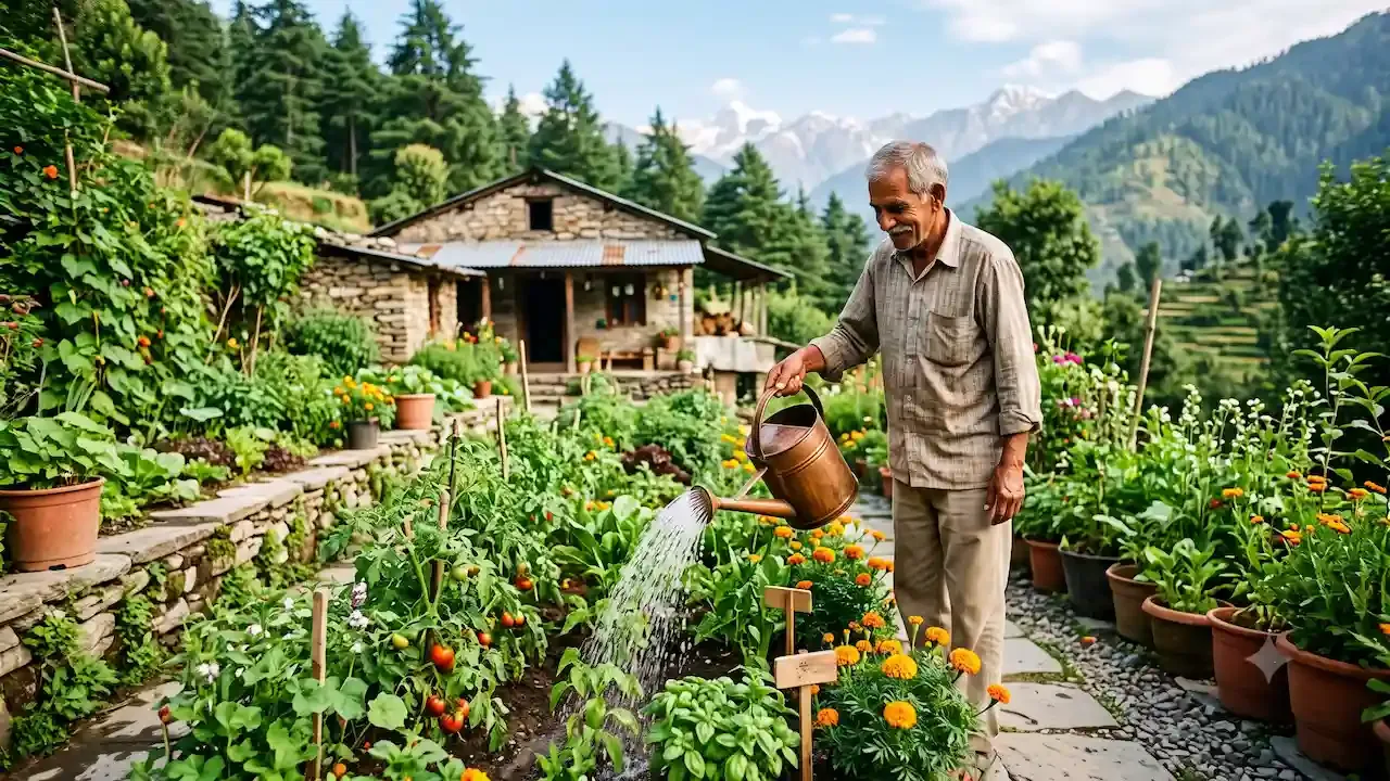 एक वृद्ध माणूस तांब्याच्या पाण्याचा डबा वापरून डोंगराच्या कुटीजवळ जीवंत भाजीपाला आणि औषधी वनस्पतींच्या बागेला पाणी देत आहे.