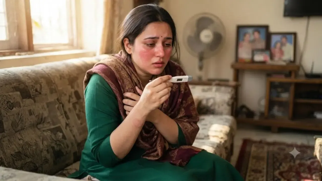 हिरवी कुर्ती आणि शाल पांघरून थरथरत्या चेहऱ्यावर आणि डिजिटल थर्मामीटर धरून असलेली भारतीय स्त्री