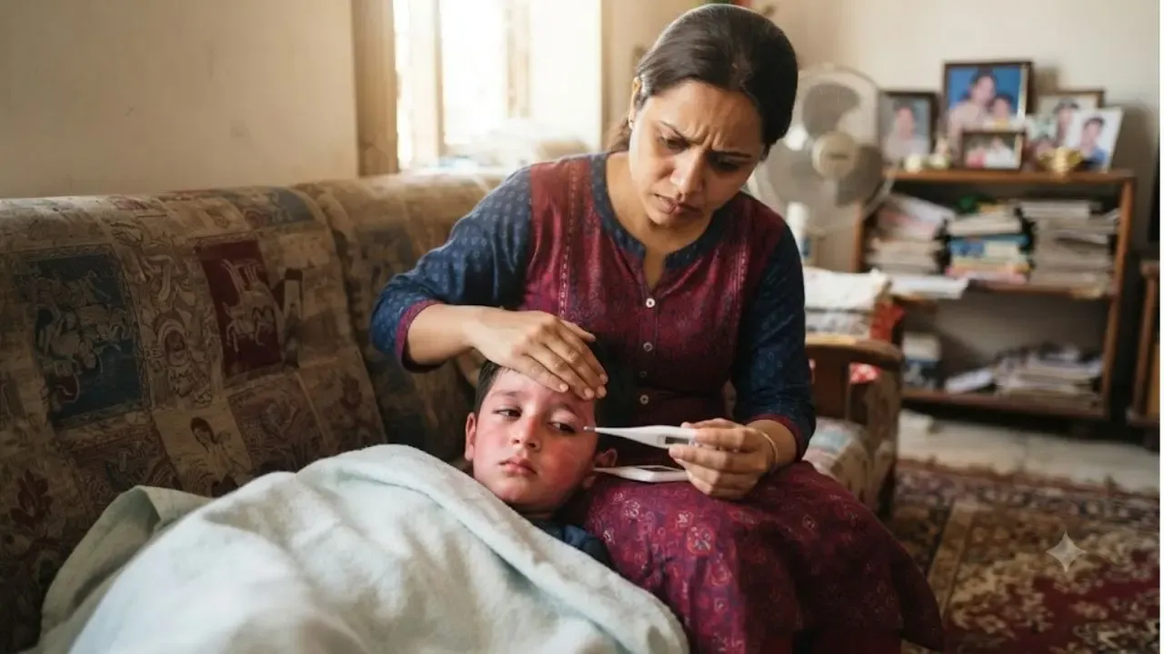 चिंताग्रस्त भारतीय आई डिजिटल थर्मामीटरने आजारी मुलाचे तापमान तपासत आहे