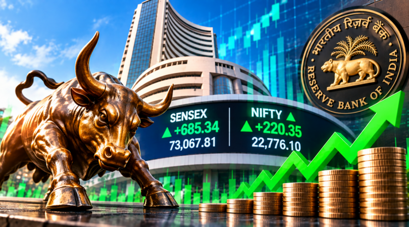 RBI धोरण निकालापूर्वी सेन्सेक्स 685 अंकांनी व निफ्टी 220 अंकांनी वधारला.