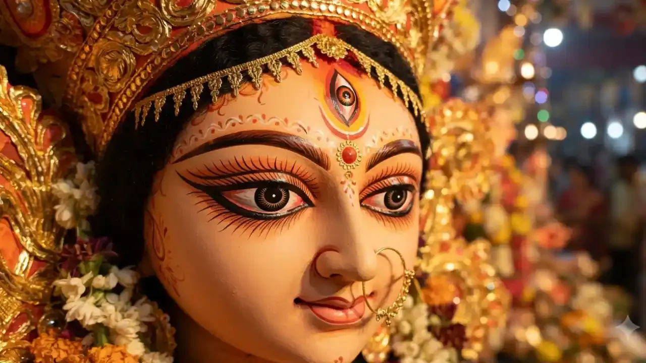 चोखू दान परंपरेत ताज्या रंगवलेल्या डोळ्यांसह देवी दुर्गा मूर्ती