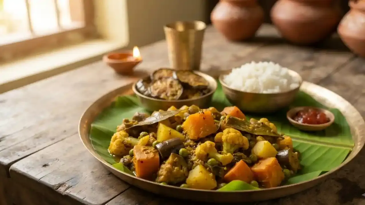मिश्रित हंगामी भाज्या, भोपळा, बटाटा, वांगी आणि पंच फोरॉन मसाल्यांनी तयार केलेले बंगाली लॅब्रा.