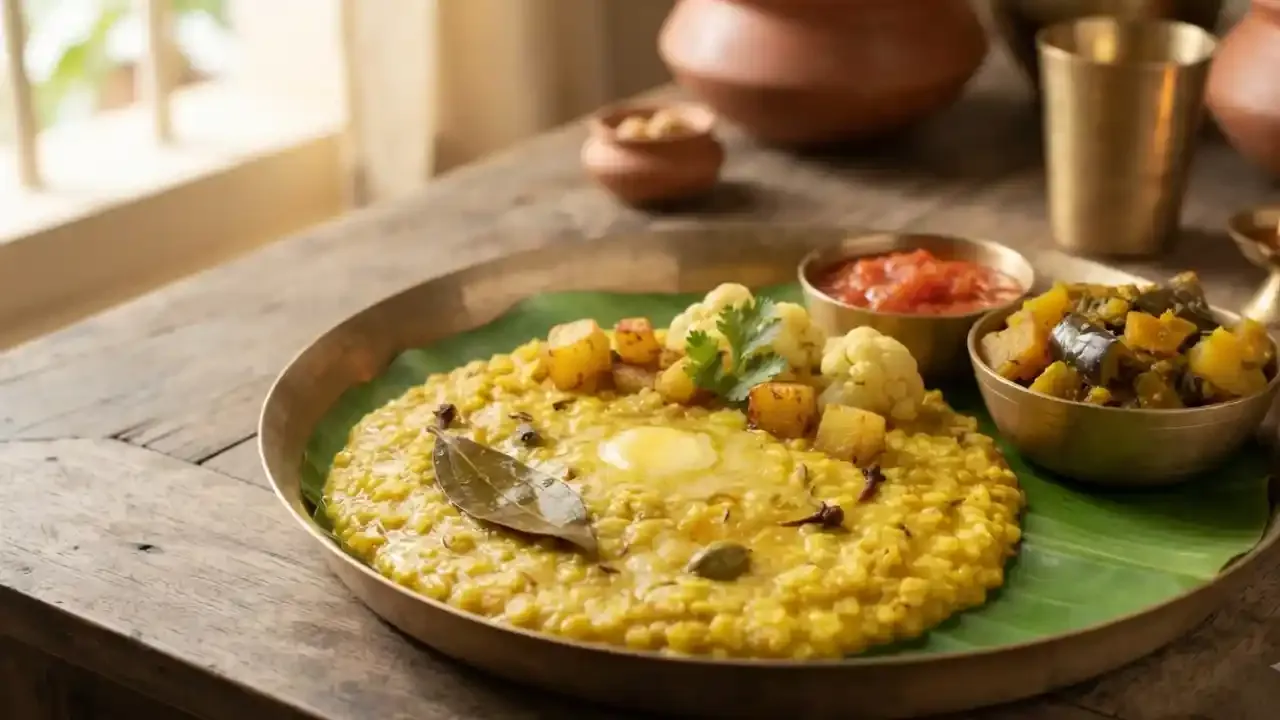तांदूळ, भाजलेली मूग डाळ, भाज्या आणि सुगंधी मसाल्यांनी बनवलेली पारंपारिक बंगाली भोगेर खिचुरी.