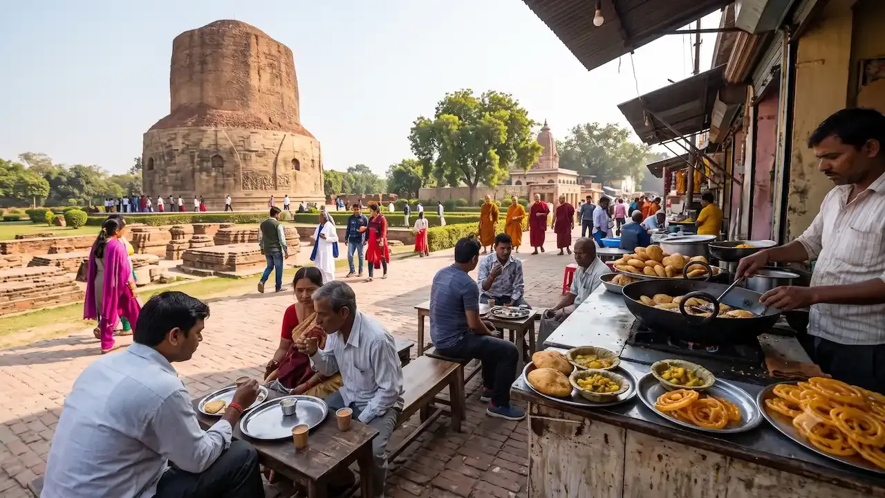 सूर्यप्रकाशातील सारनाथमधील ऐतिहासिक धामेख स्तूपाजवळील रस्त्यावरील स्टॉलवर गरम कचोरी जिलेबी नाश्त्याचा आनंद घेत असलेले लोक.