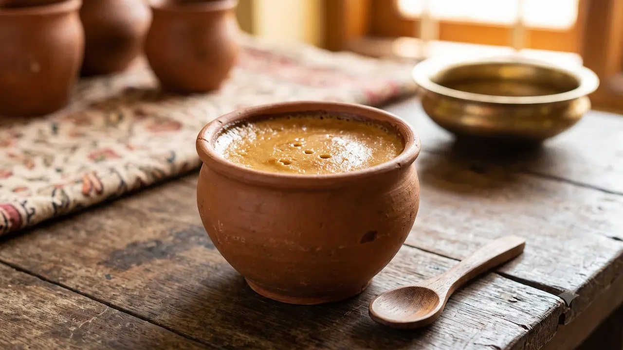 मलईदार पारंपारिक बंगाली मिष्टी डोई चमच्याच्या बाजूला एका अडाणी लाकडी टेबलावर मातीच्या मातीच्या भांड्यात दिली जाते.