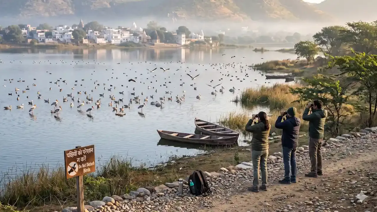 धुके असलेल्या ग्रामीण पाणथळ तलावावर शांततेने पोहणाऱ्या स्थलांतरित पक्ष्यांच्या कळपांचे निरीक्षण करण्यासाठी पक्षीनिरीक्षक दुर्बिणीचा वापर करतात.