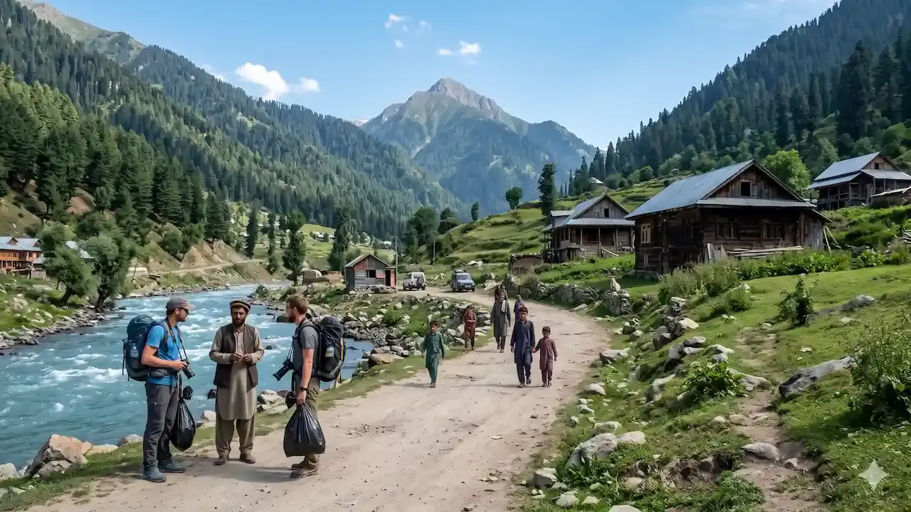गुरेझ व्हॅलीमधील नदीच्या बाजूला असलेल्या कच्च्या मार्गावर ट्रेकिंग गियर असलेले बॅकपॅकर्स स्थानिक ग्रामस्थांशी संवाद साधत आहेत.