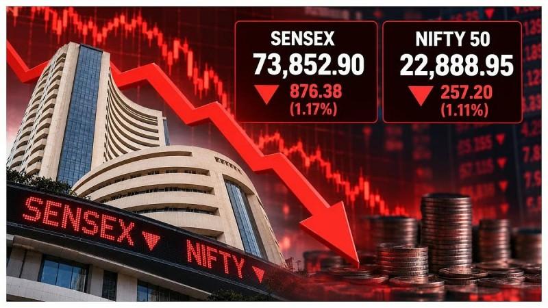 बँक, आयटी समभागातील विक्रीमुळे सेन्सेक्स 876 अंकांनी घसरला, निफ्टी 22,900 च्या खाली घसरला